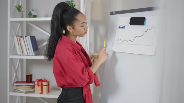 Intelligent Young Business Analyst Examining Ascending Graph Thinking in Home Office at Whiteboard