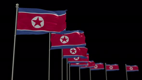 Korea North Row Of Flags Animation Include Alpha Channel