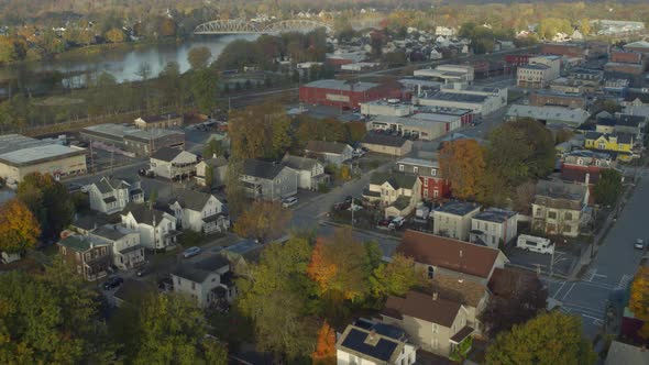 Aerial view of Hudson River suburb in Autumn