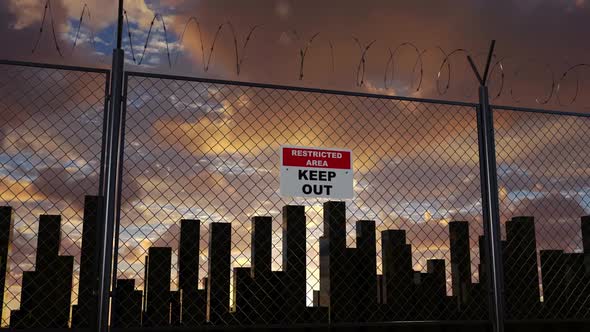 City Behind Barbed Wire Fence with Closed Frontier for Illegals and Refugees