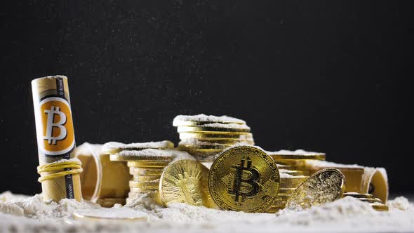 Cryptocurrency Coins and Cash Covered with Powder