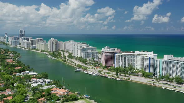 Cinematic View on Biscayne Bay and Miami Beach Resorts and Hotel with Ocean View