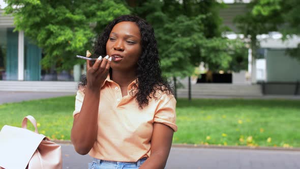 African Student Girl Recording Voice on Smartphone