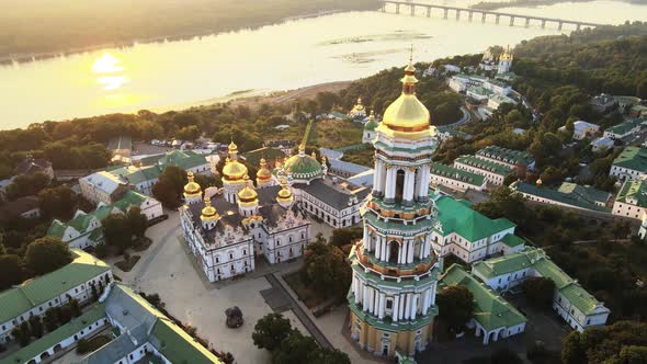 Kyiv, Ukraine: Aerial View of Kyiv-Pechersk Lavra in the Morning at Sunrise.