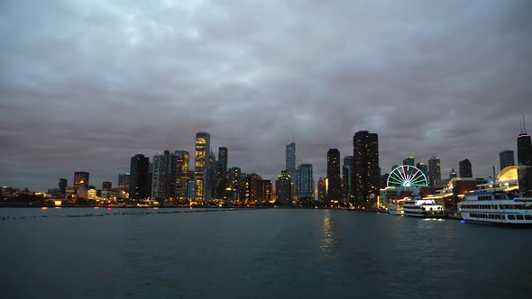 Chicago USA Cityscape Skyline at Night Dramatic Sky Above Downtown Skyscrapers