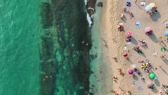People swim in the azure sea aerial view 4 K Turkey Alanya