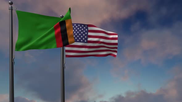 Zambia Flag Waving Along With The National Flag Of The USA - 4K