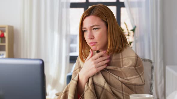 Sick Woman Having Video Call on Laptop at Home