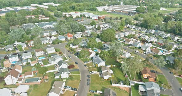 Aerial Panoramic View Small Town Sleeping Area Over Landscape Suburb Homes Roof Houses the US