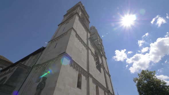 A Majestic Building of the Grossmunster in Zurich. View From Below at Close Range.