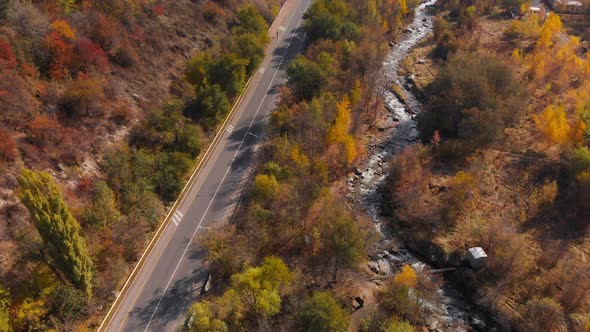 Aerial View of Mountain River Landscape of Autumn Forest