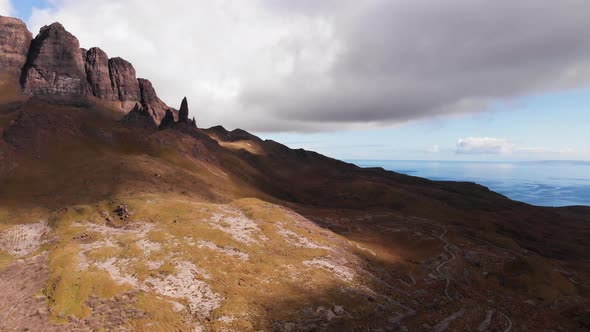 Old Man Of Storr Landscape Sea Viewed From Side, Isle Of Skye Aerial 4K