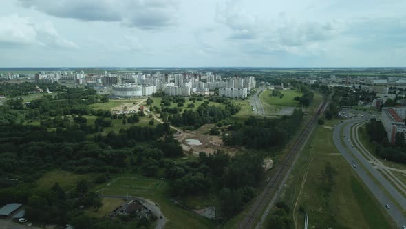 City block. The railway line and motorway pass nearby. Aerial photography.