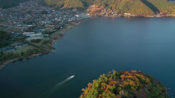 Aerial view 4k video by drone of beautiful Japan autumn at lake Kawaguchiko