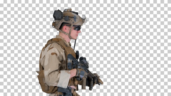 US Army ranger in uniform and weapon walking, Alpha Channel