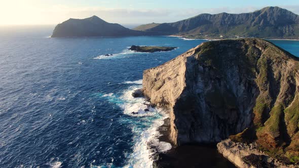 drone flying above secret tide pools on an unihabited island in hawaii