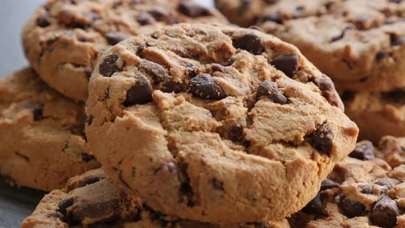 Chip cake cookies with chocolate close-up tilting 4K 3840X2160 30fps UHD footage - Slow tilting on b