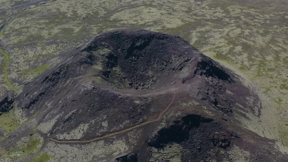 Top View Of Stóra Eldborg Large Crater On Scenic Reykjanes Peninsula In Iceland. Aerial Shot