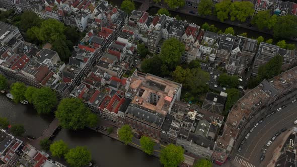 Birds Eye View of Typical Amsterdam, Netherlands Neighbourhood with Canals and Bridges