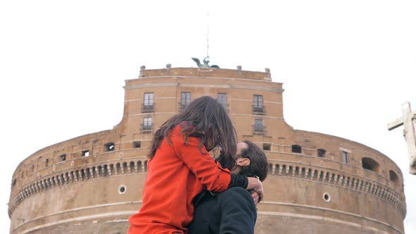 Happy Romantic Lovers Hugging-Castel Sant'angelo in The Background-Slow Motion