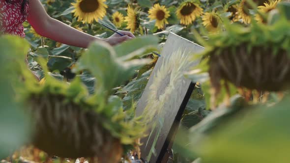 Close View of Female Hands Painting a Sunflower on Canvas Among Field