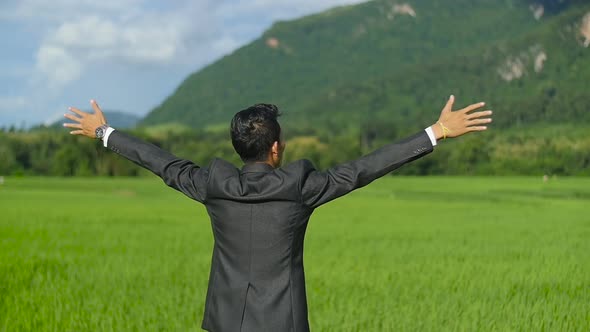 Businessman Open Arms On Rice Fields