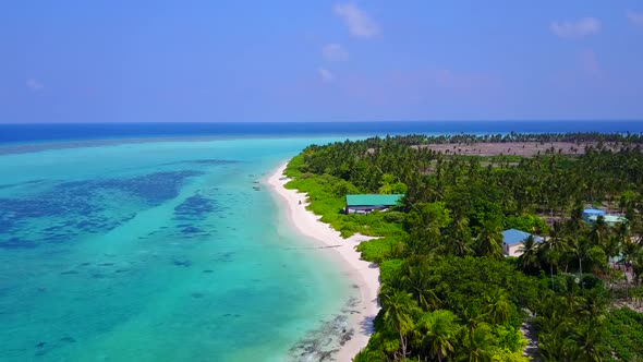 Aerial drone tourism of coast beach by water with sand background