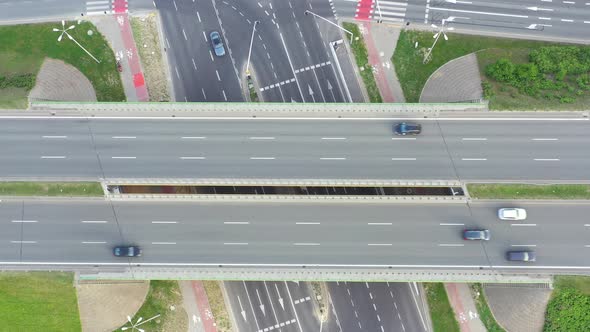 Aerial view of super highway during rush hour