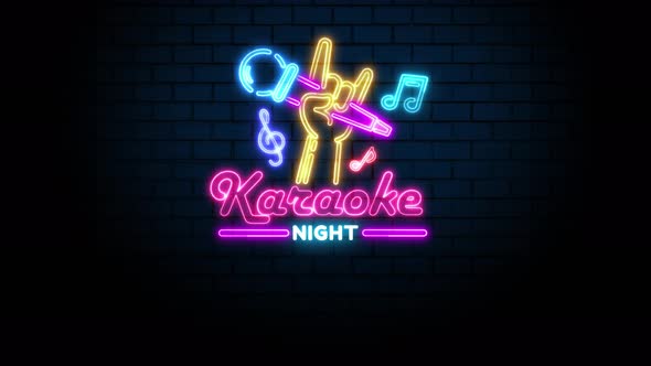 Karaoke Night Neon Sign on Brick Wall 4K