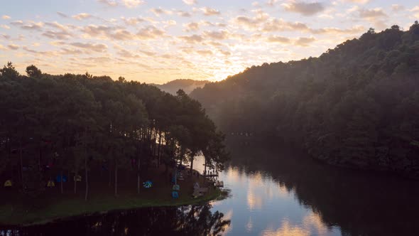 Aerial view, Morning view and dramatic sky over reservoir Pang Oung Lake.