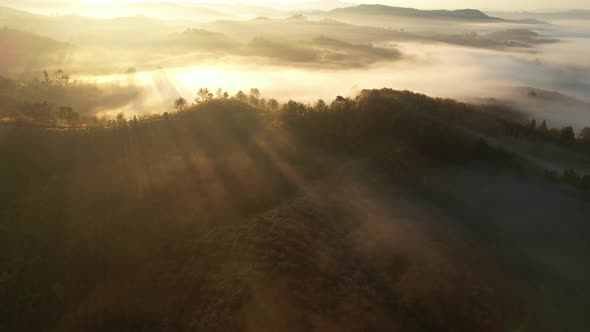 Aerial view of sunrise with fog above mountains. Golden hour and amazing sun rays. Nan, Thailand