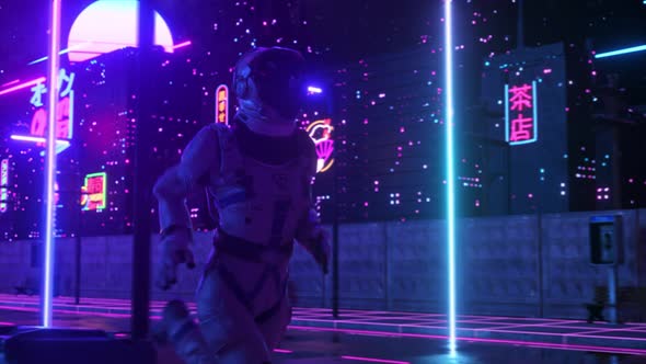 Astronaut Running in Neon City in Cyberpunk Style