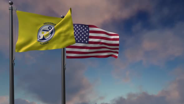 Anchorage City Flag Waving Along With The National Flag Of The USA - 2K