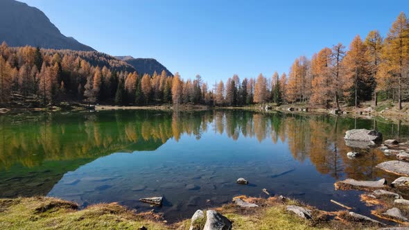 Autumn lake near San Pellegrino Pass, Trentino, Dolomites Alps, Italy.