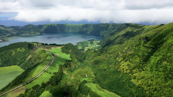 A lake in the crater of volcano. Sao Miguel island, Portugal.Aerial view of volcanic landscapes.