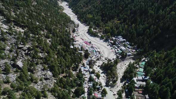 Gangotri village in the state of Uttarakhand in India seen from the sky