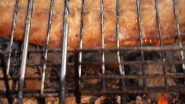 Closeup of the Mackerel Fish Roasting on the Grill Grid in Flames