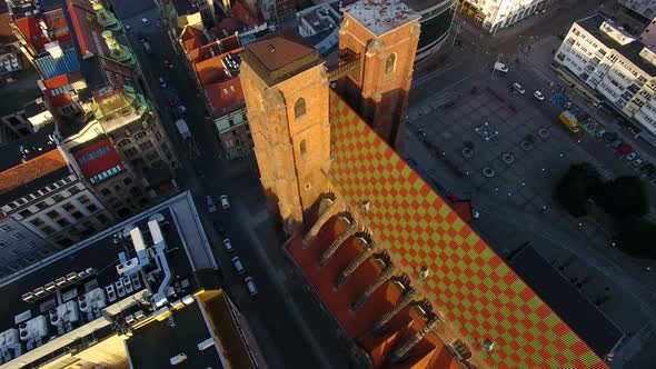 Aerial: Old town of Wroclaw at morning time