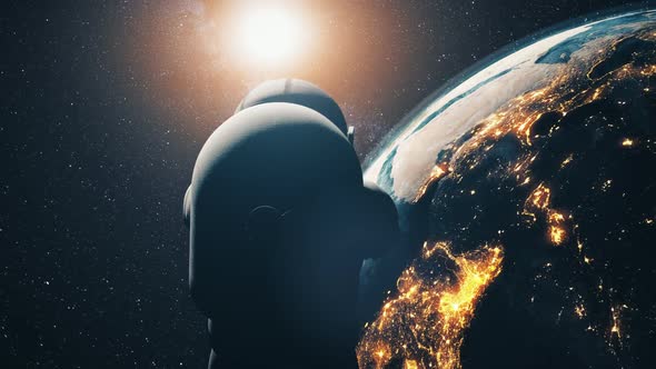 3d Animation Spaceman Rotates Over Planet Earth Continents