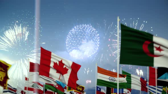 Saudi Arabia Flag With World Globe Flags Morning Shot With Fireworks