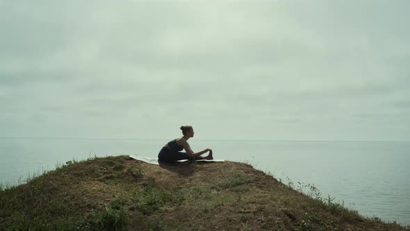 Woman Workout Yoga Sitting Green Hill Seashore