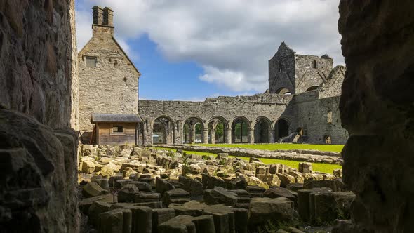 Motion time lapse of Boyle Abbey medieval ruin in county Roscommon in Ireland as a historical sights