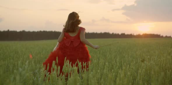 A Girl in a Red Dress with a Violin is Running Across the Field
