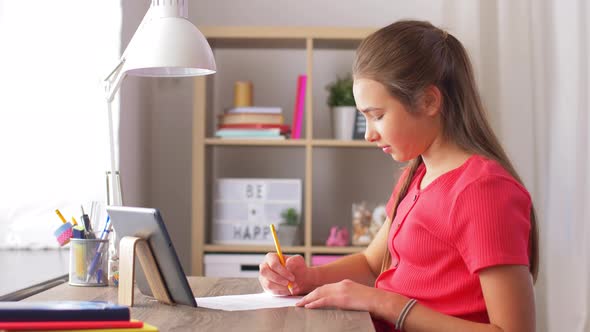 Student Girl with Tablet Pc Learning at Home