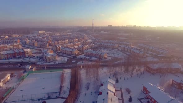 Aerial view of a Russian suburb or Moscow on a bright, cold, winter's day