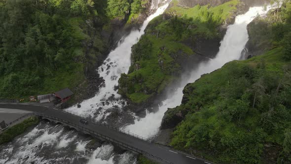 A drone footage of famous waterfall in Western Norway