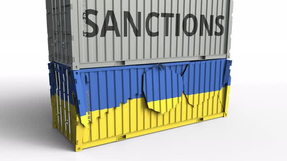 Container with SANCTIONS Text Breaks Container with Flag of Ukraine