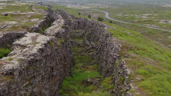 Flying over tectonic plates in Thingvellir National Park, Golden Circle, Iceland