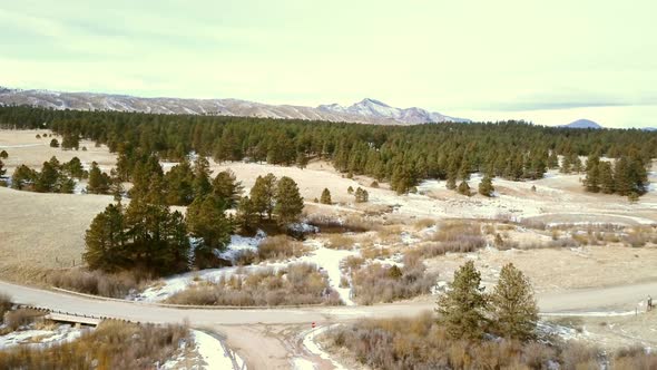 Aerial view of Pikes National Forest in the Winter.