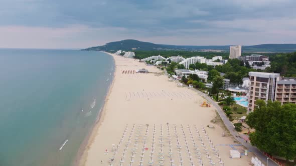 Aerial Drone View of Albena Empty Sandy Beach Resort Bulgaria